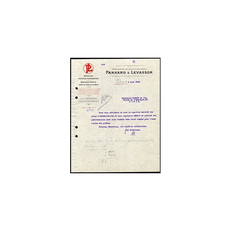 Facture PANHARD et LEVASSOR Moteurs Voitures Automobiles Machines...