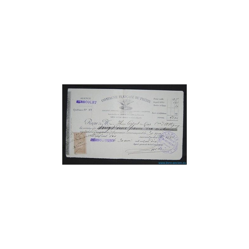 Lettre de Change COMPAGNIE FRANCAISE DU PHENIX Quittance Paris...