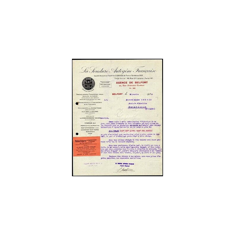 Facture LA SOUDURE AUTOGENE FRANCAISE Agence de Belfort SAF