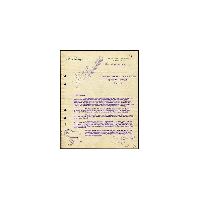 Facture p ROUGERIE ingénieur conseil caoutchoutier à Paris rue Vernier