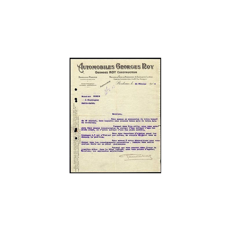 Facture Georges Roy constructeur Automobiles Moteurs Marins à Bordeaux
