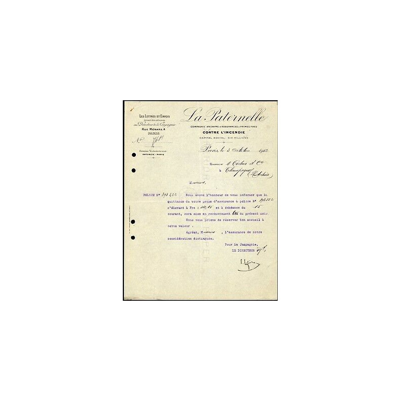 Facture LA PATERNELLE Compagnie d'assurances contre l'incendie