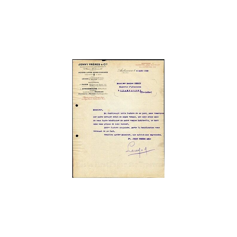 Facture Jenny Frères Cie à Audincourt Doubs Aciers Limes Scies Chaines