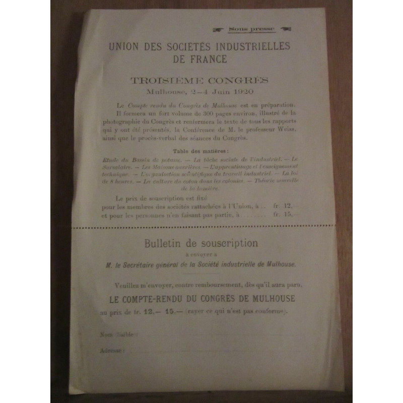 Union des Sociétés Industrielles de frane 3ème congrès Souscription