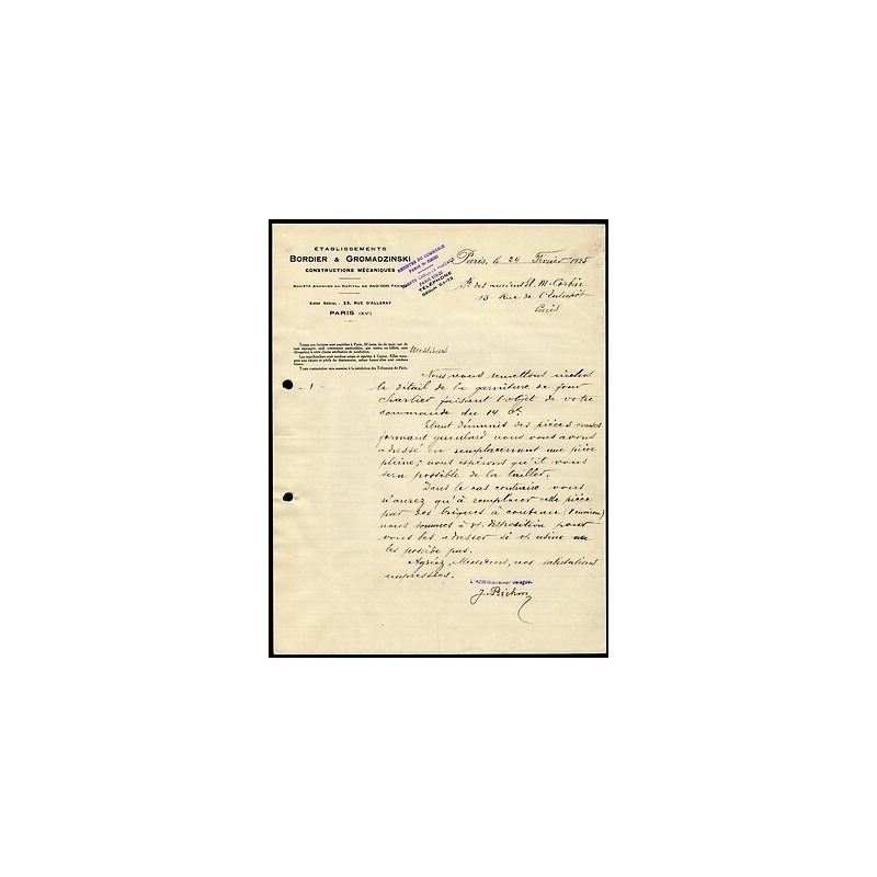 Facture éts BORDIER GROMADZINSKI Constructions Mécaniques à Paris