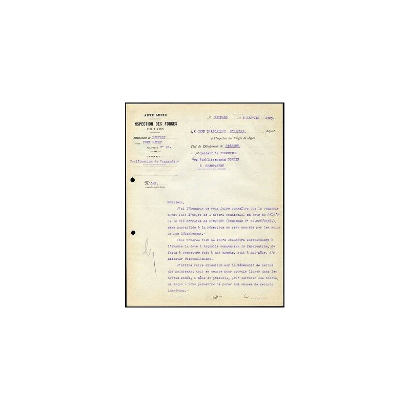 Facture Inspection des Forges de Lyon Artillerie détachement de...