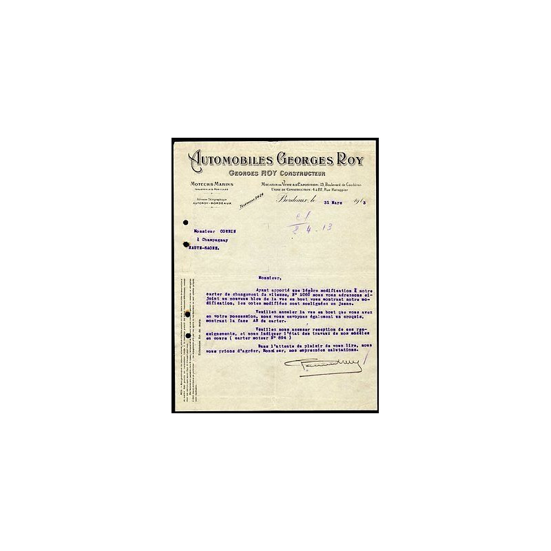 Facture Georges Roy constructeur Automobiles Moteurs Marins à Bordeaux