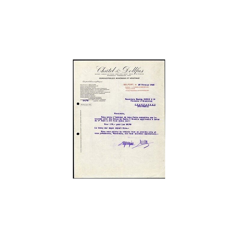 Facture CHATEL DOLLFUS à Belfort Combustibles Minéraux et Végétaux 90