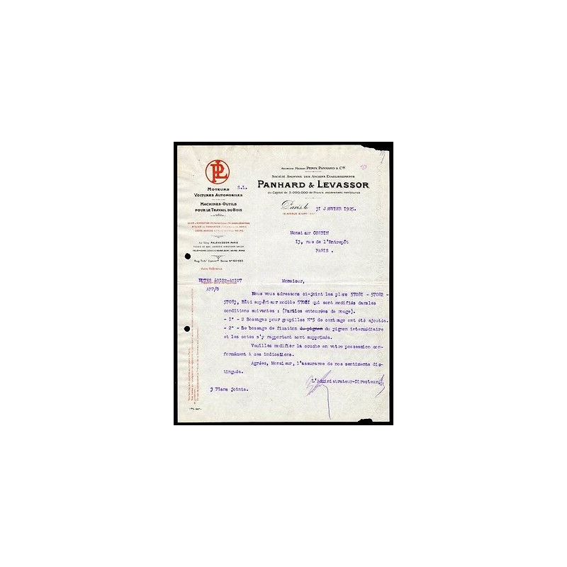 Facture PANHARD et LEVASSOR Moteurs Voitures Automobiles Machines...