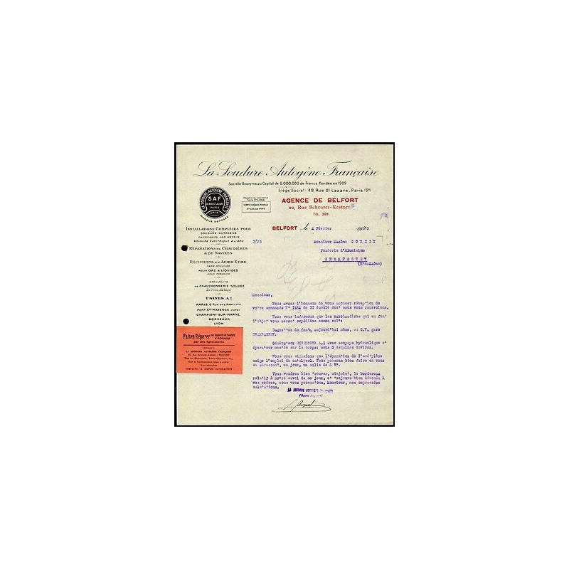 Facture LA SOUDURE AUTOGENE FRANCAISE Agence de Belfort SAF