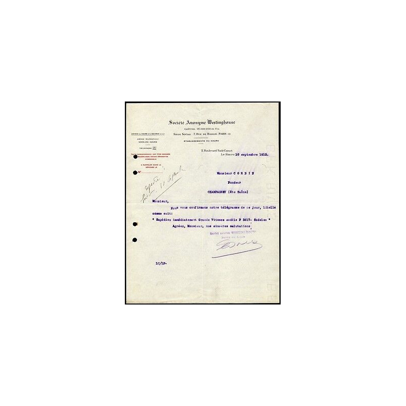Facture Société Anonyme Westinghouse Usines au Havre et à Sevran