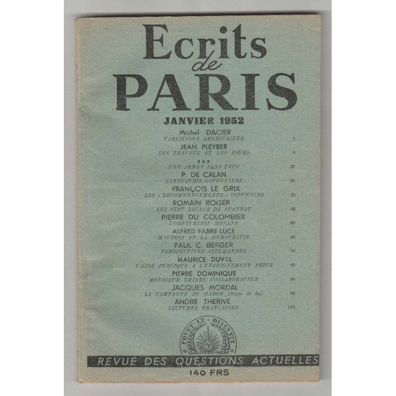 ECRITS DE PARIS No 87 Janvier 1952 Michel Dacier Jean Pleyber CA62A 1