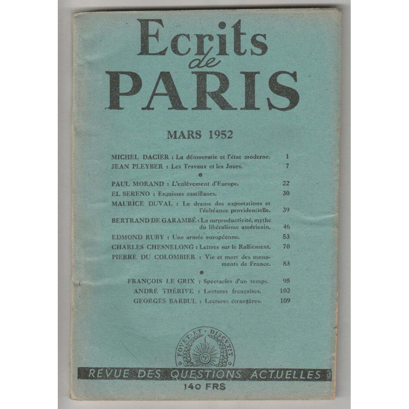 ECRITS DE PARIS No 89 Mars 1952 Michel Dacier Jean Pleyber Duval