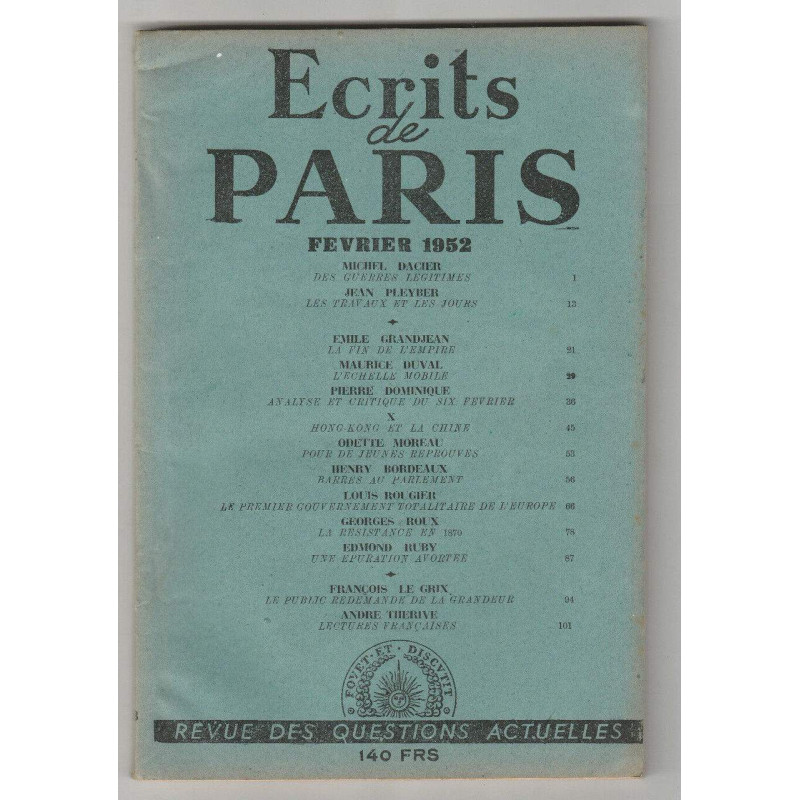 ECRITS DE PARIS No 88 Février 1952 Michel Dacier Jean Pleyber