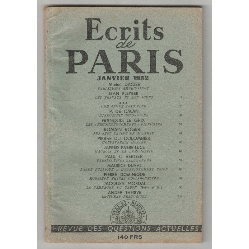 ECRITS DE PARIS No 87 Janvier 1952 Michel Dacier Jean Pleyber CA62A 2