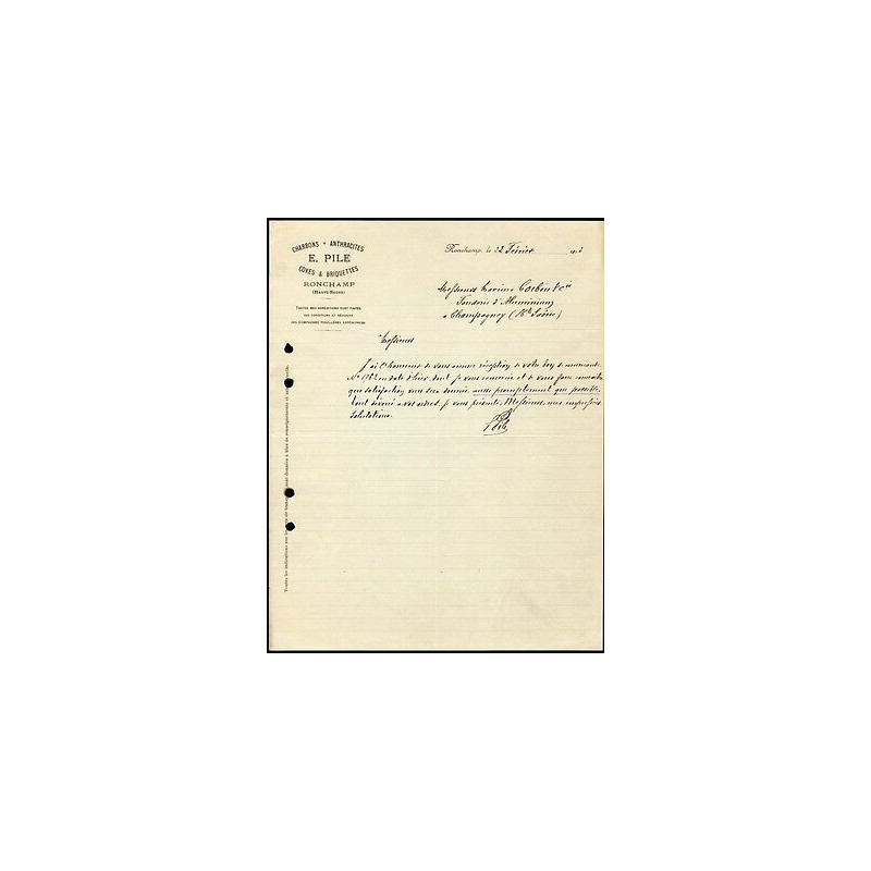 Facture EMILE PILE à Ronchamp Charbons Anthracites Cokes Briquettes