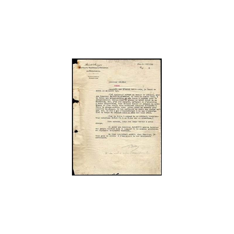 Facture Société Anonyme Des Hauts Fourneaux Fonderies de Brousseval
