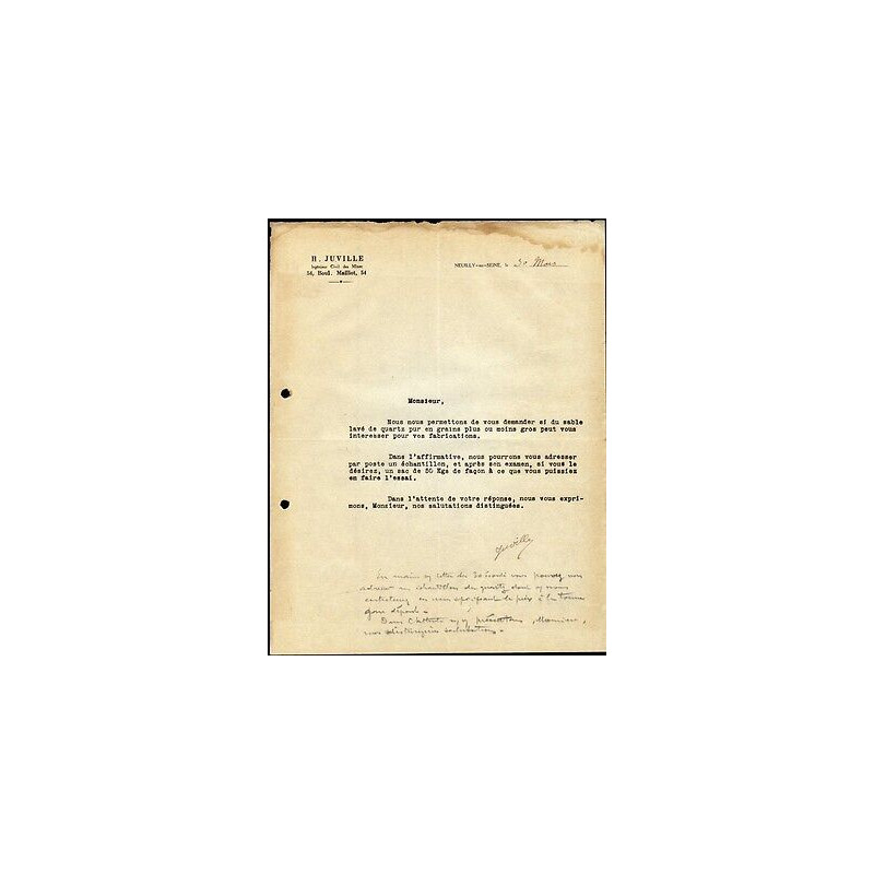 Facture H. Juville à Neuilly-Sur-Seine Ingénieur Civil des Mines...