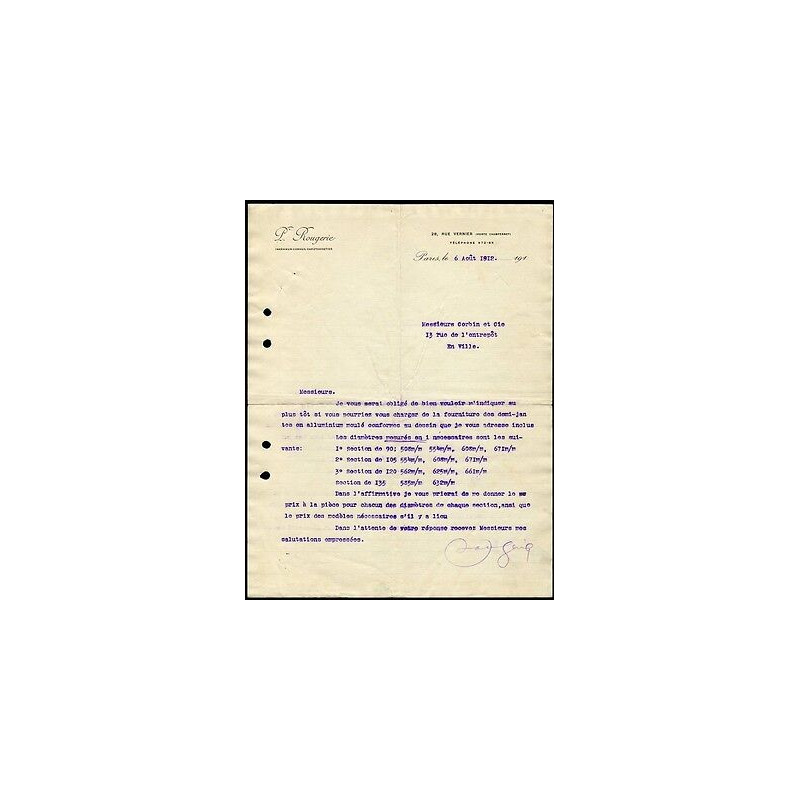 Facture p ROUGERIE ingénieur conseil caoutchoutier à Paris rue Vernier