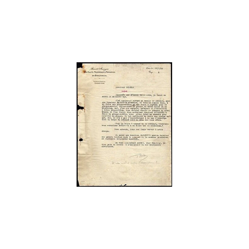 Facture Société Anonyme Des Hauts Fourneaux Fonderies de Brousseval