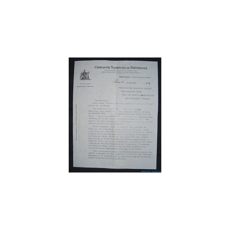 Lettre à en-tête La COMPAGNIE NATIONALE DE PREVOYANCE cnp rue Paris