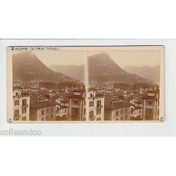 Vue Stéréoscopique Stéréo SUISSE LUGANO Vue Hôtel de la Gare ROME...