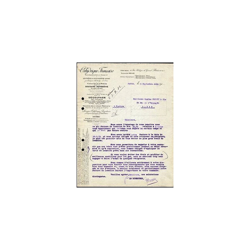 Facture OXHYDRIQUE FRANCAISE Oxygéne et Hydrogéne Purs Chalumeaux...