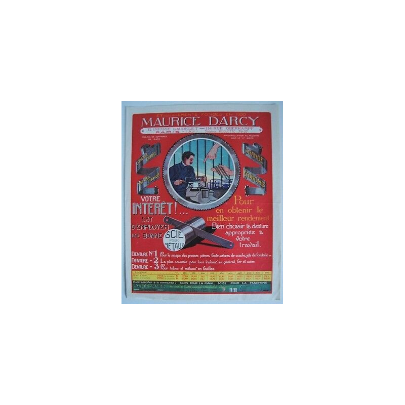 Pub éts MAURICE DARCY Paris Outillage Usinage Sciage