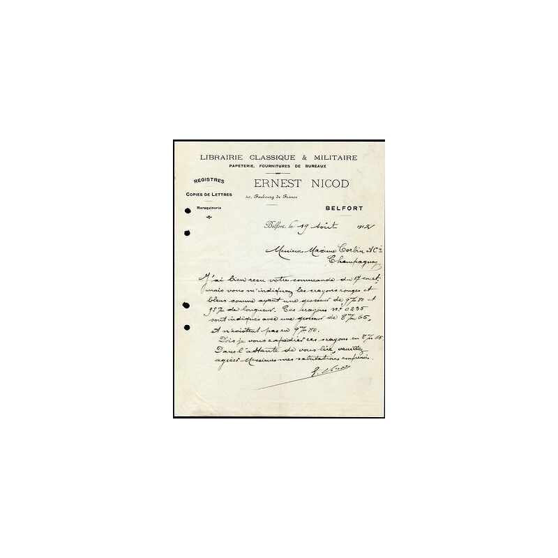 Facture Ernest NICOD à Belfort 90 Librairie Classique et Militaire