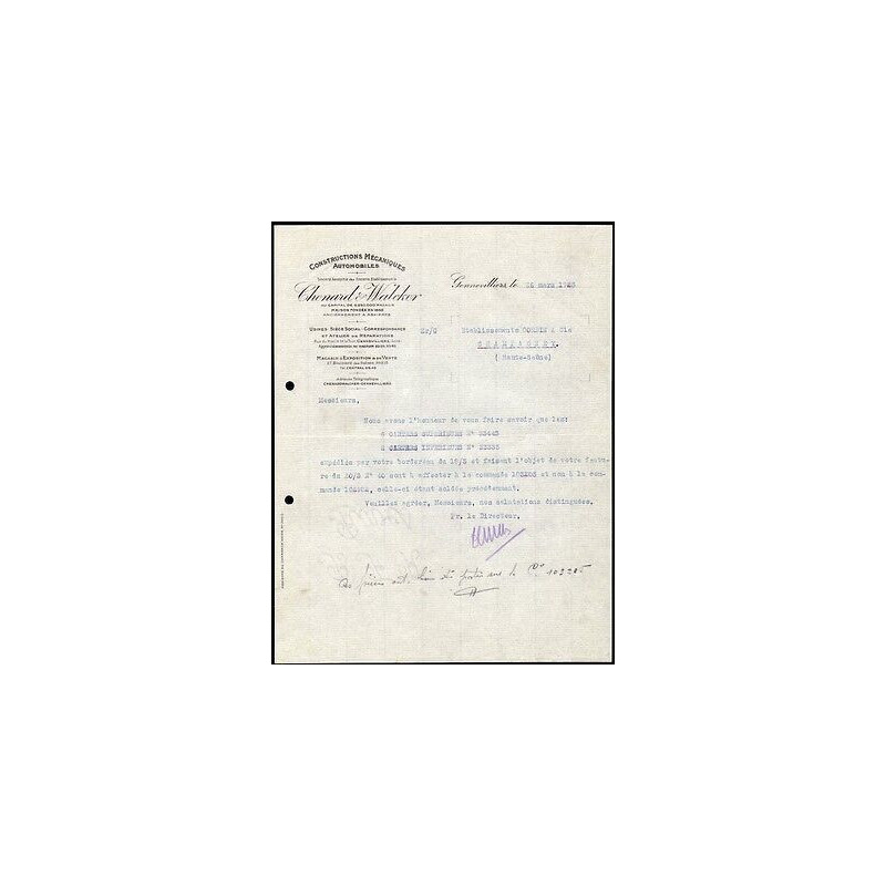 Facture CHENARD WALCKER Constructions Automobiles à Gennevilliers