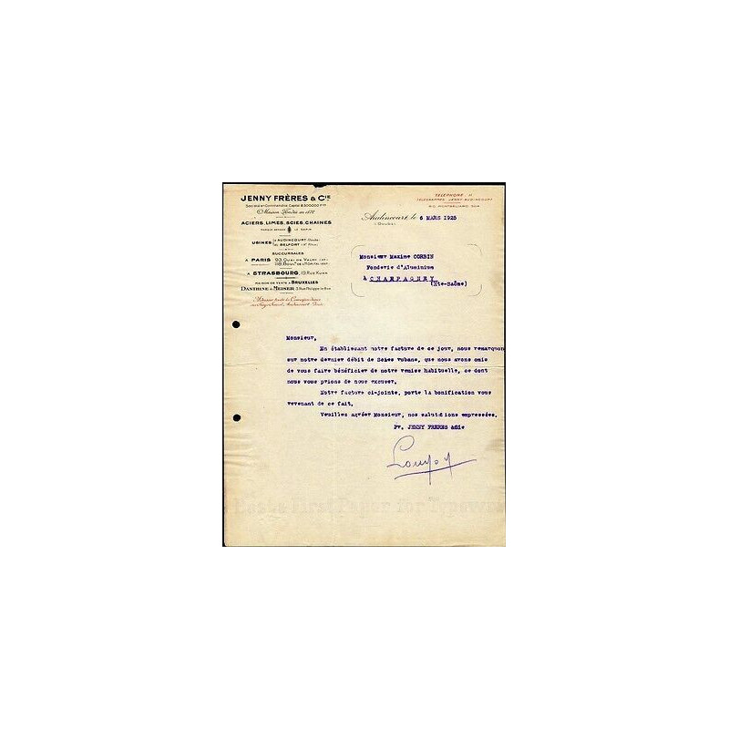 Facture Jenny Frères Cie à Audincourt Doubs Aciers Limes Scies Chaines