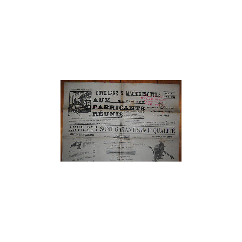 Tarif AUX FABRICANTS REUNIS Outillage Machines