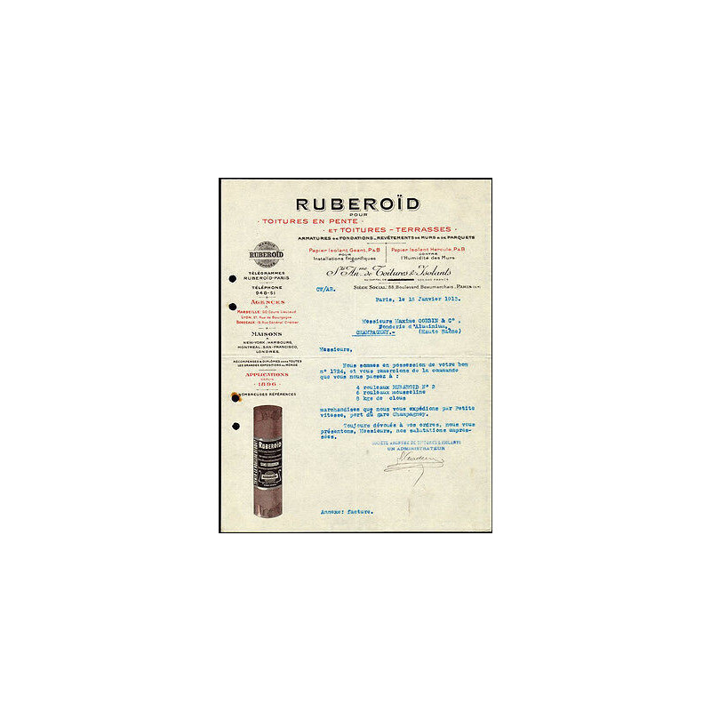 Ancienne Facture ruberoïd isolant pour toitures et terrases