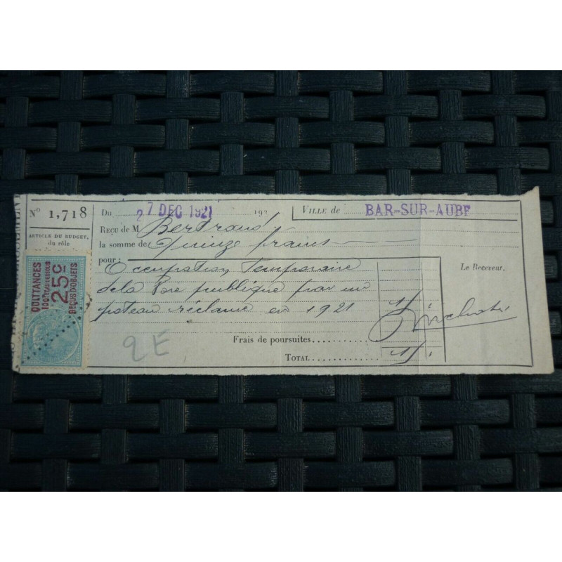 Timbre Quittances 25C Ville de Bar-sur-Aube occupation voie...