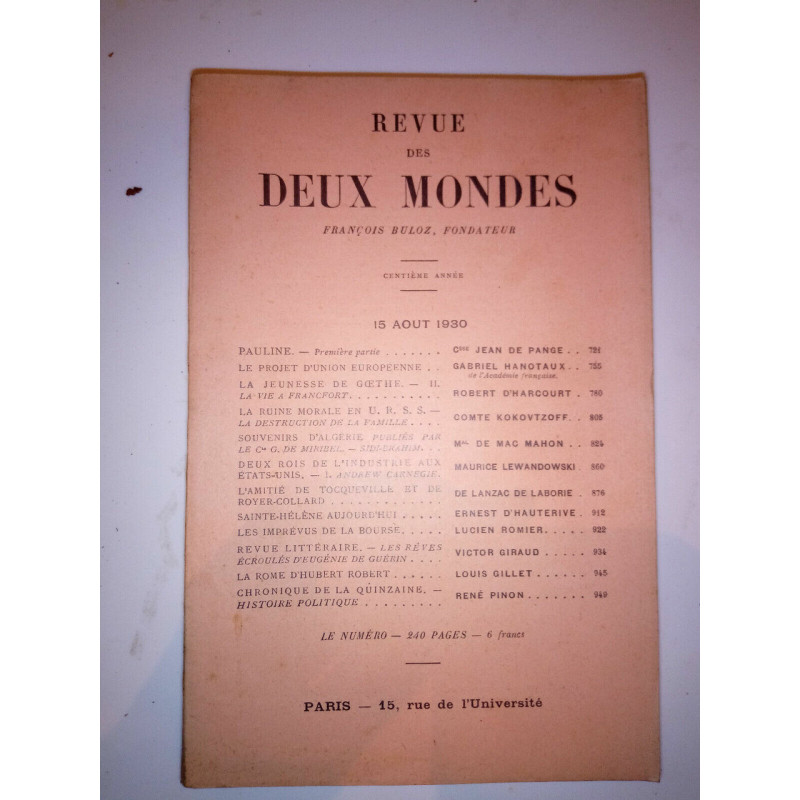 Revue des deux mondes 15 Août 1930