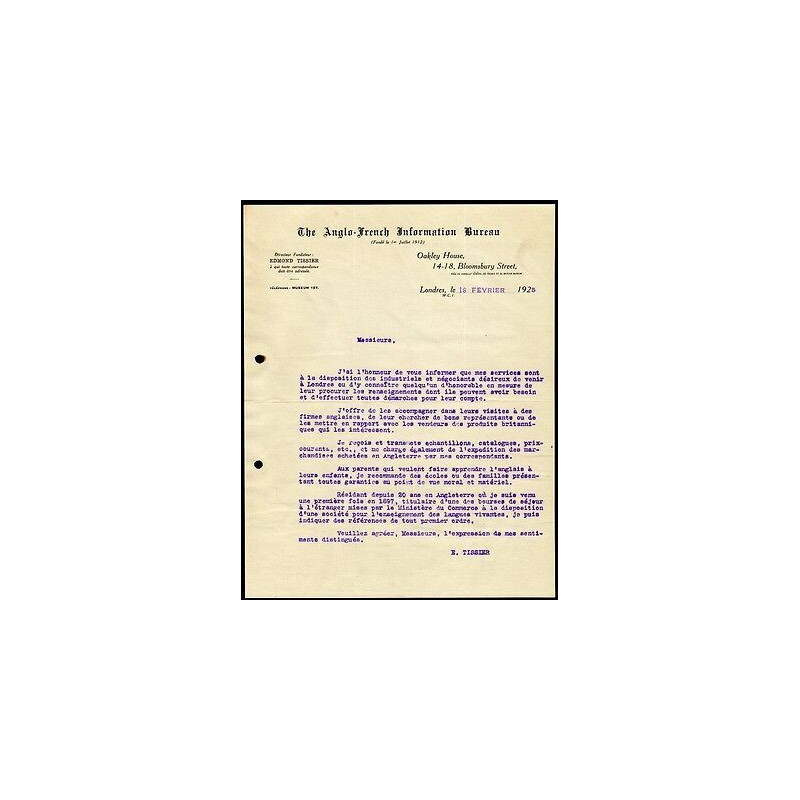 Facture THE anglo french INFORMATION BUREAU Edmond Tissier LONDRES UK