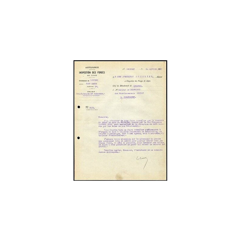 Facture Inspection des Forges de Lyon Artillerie détachement de...