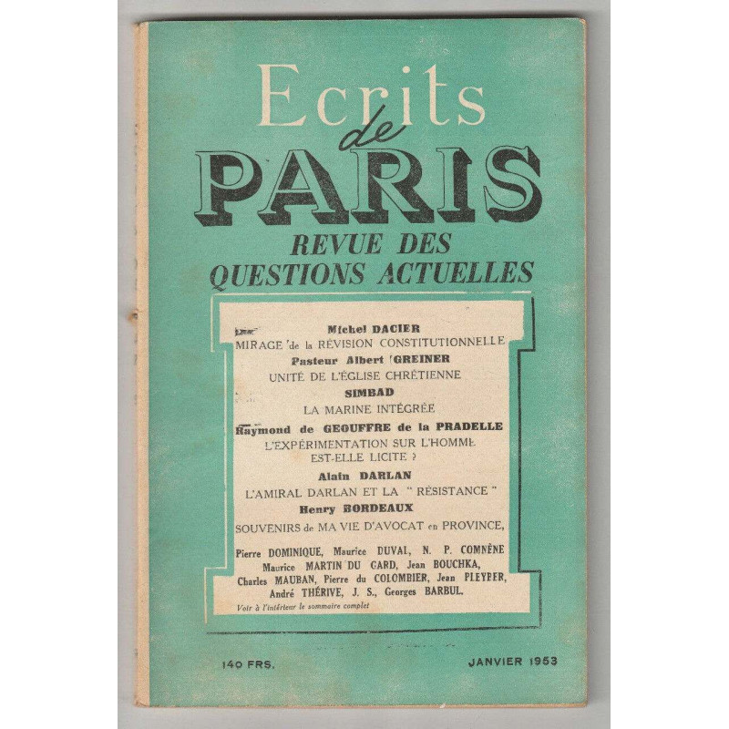 ECRITS DE PARIS No 99 Janvier 1953 Michel Dacier Simbad Greiner
