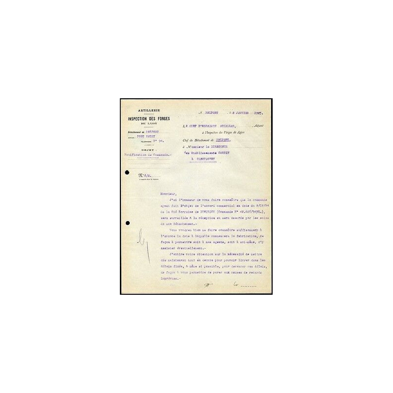 Facture Inspection des Forges de Lyon Artillerie détachement de...