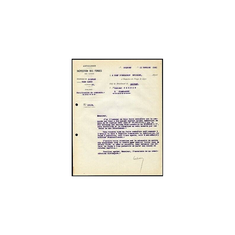 Facture Inspection des Forges de Lyon Artillerie détachement de...
