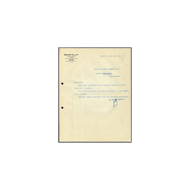 Facture Guilliet Fils Cie à Auxerre dép 89 Yonne