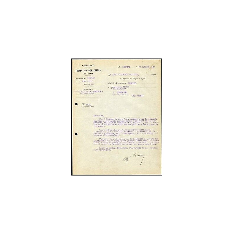 Facture Inspection des Forges de Lyon Artillerie détachement de...