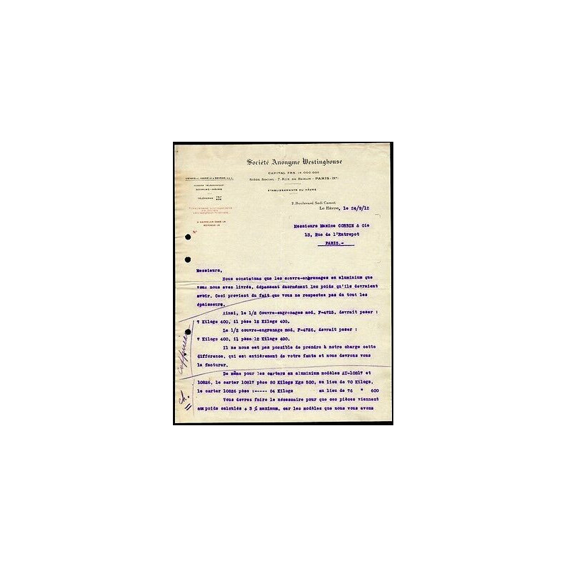 Facture Société Anonyme Westinghouse Usines au Havre et à Sevran