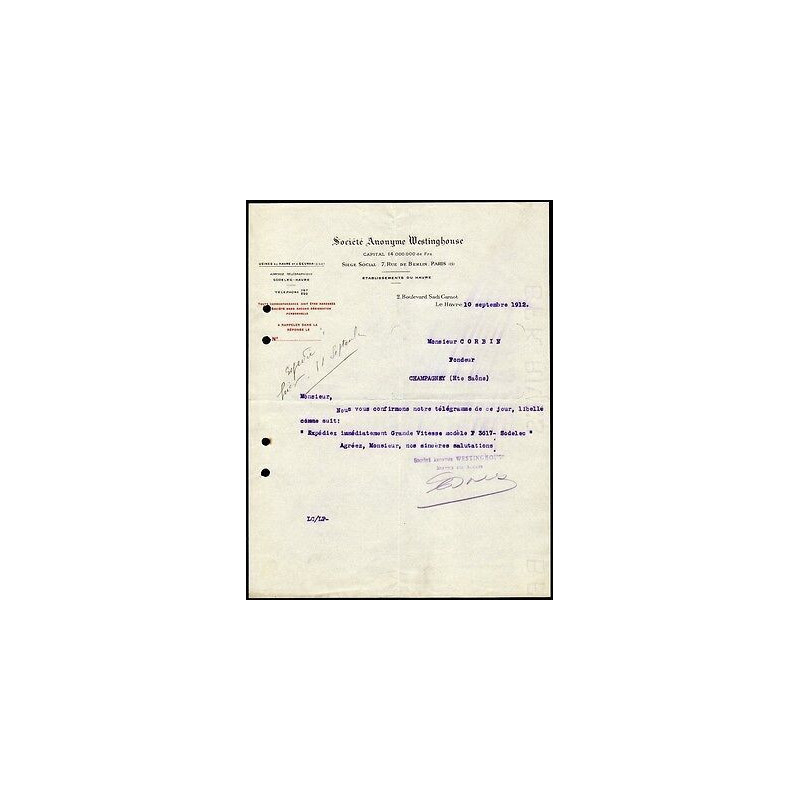 Facture Société Anonyme Westinghouse Usines au Havre et à Sevran