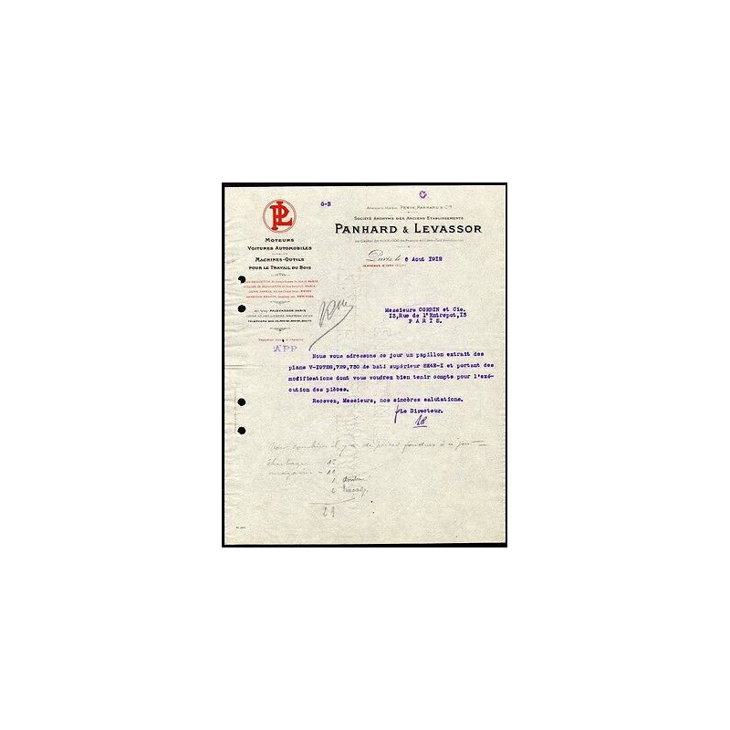 Facture PANHARD et LEVASSOR Moteurs Voitures Automobiles Machines...