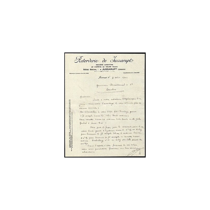 Facture Retorderie de Jussarupt dans les Vosges 88 filature