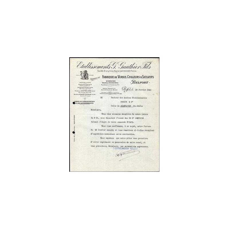 Facture g GAUTHIER Fils à Belfort Fabrique de vernis Couleurs...