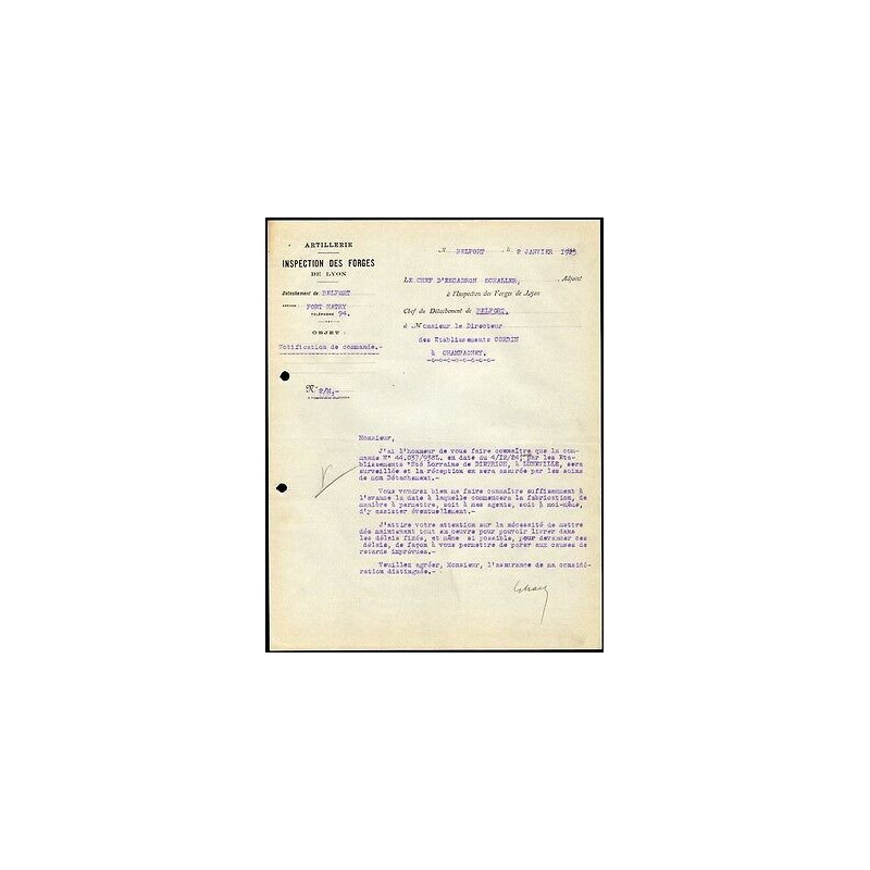 Facture Inspection des Forges de Lyon Artillerie détachement de...