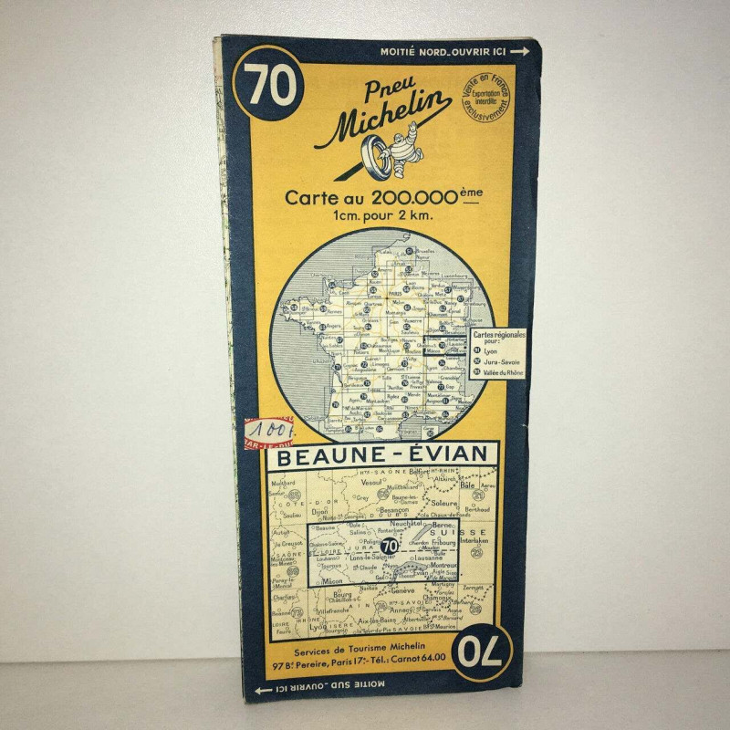 Carte du pneu Michelin n 70 beaune evian de 1951 bel état OLD MAP