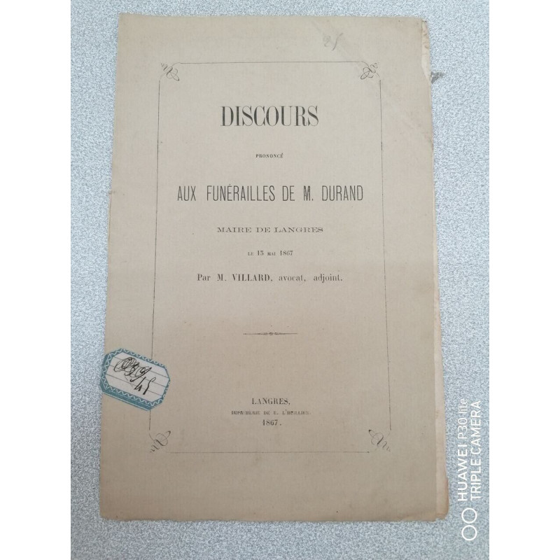 Discours prononcé - Aux funérailles de M. Durand